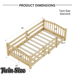 Bellemave® Twin Size Montessori Floor Bed with Slats, Rails,Fence & Headboard, White - Bellemave