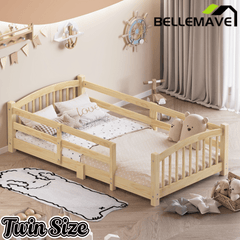 Bellemave® Twin Size Montessori Floor Bed with Slats, Rails,Fence & Headboard, White - Bellemave