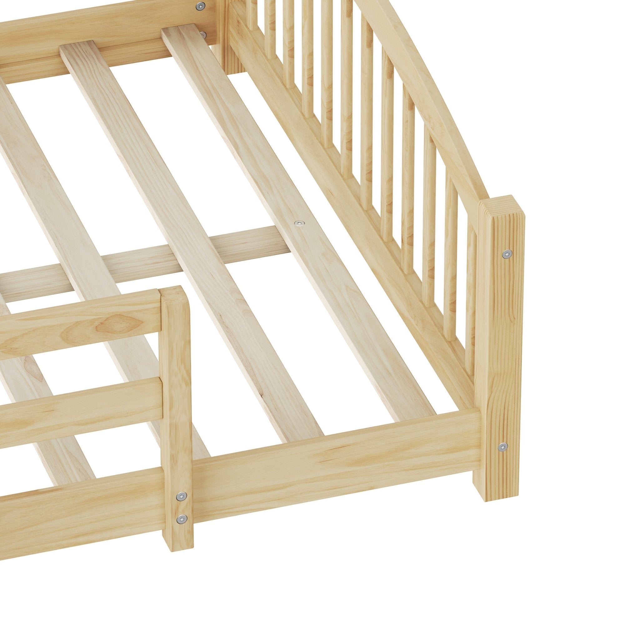 Bellemave® Twin Size Montessori Floor Bed with Slats, Rails,Fence & Headboard, White - Bellemave