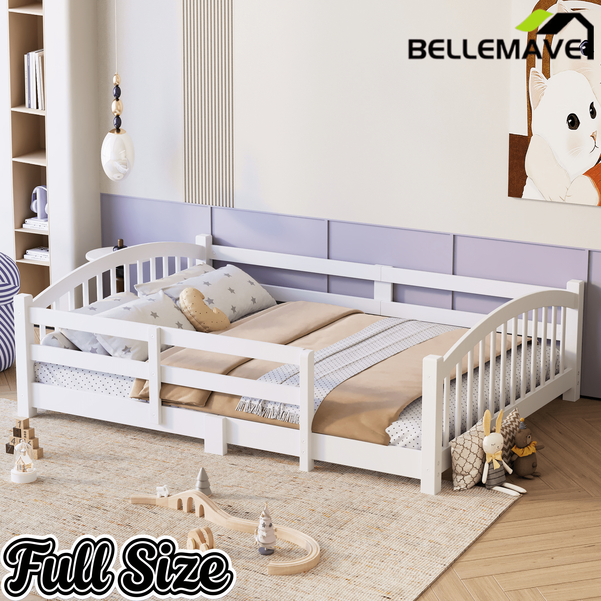 Bellemave® Twin Size Montessori Floor Bed with Slats, Rails,Fence & Headboard, White - Bellemave