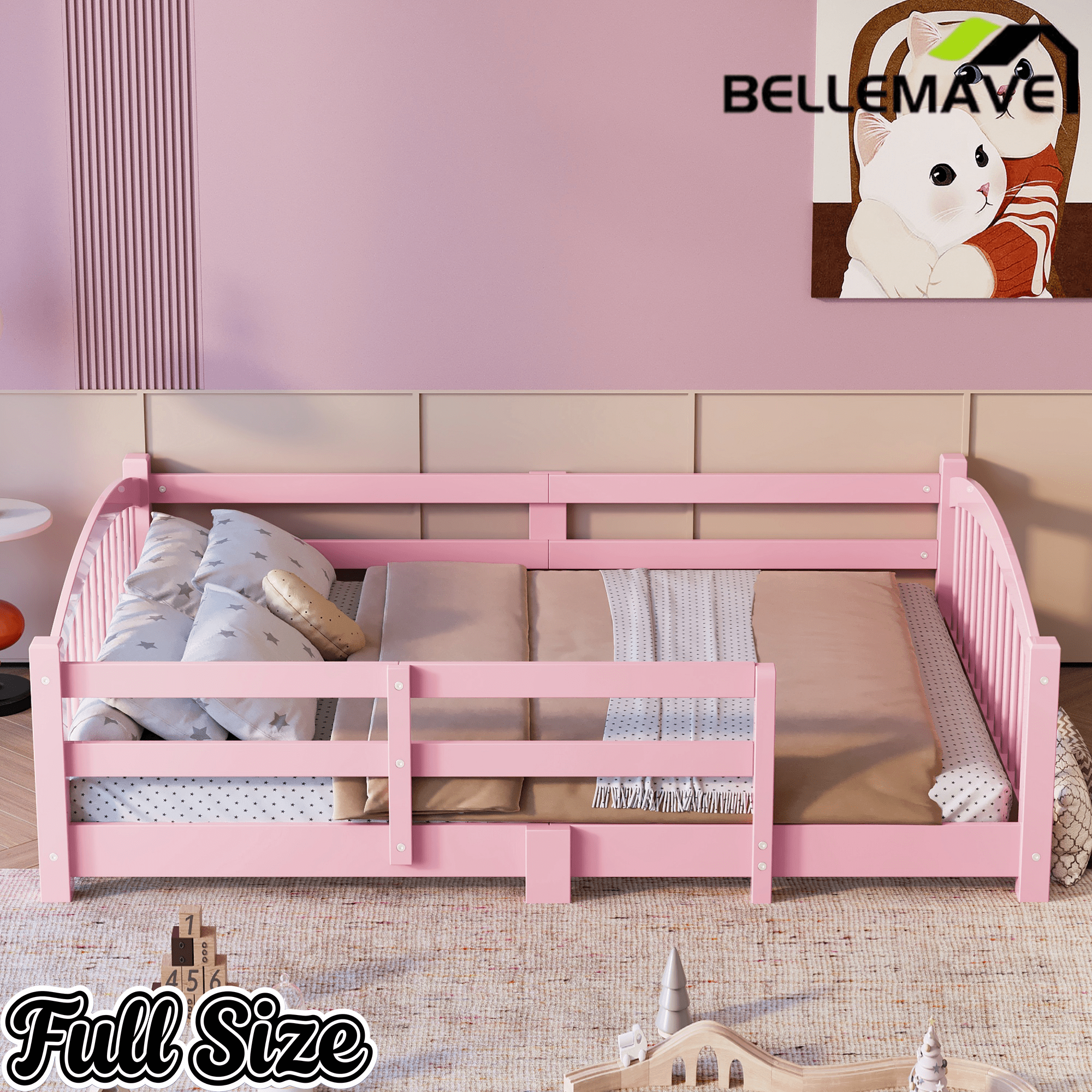 Bellemave® Twin Size Montessori Floor Bed with Slats, Rails,Fence & Headboard, White - Bellemave