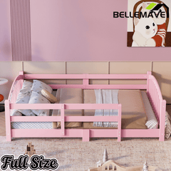 Bellemave® Twin Size Montessori Floor Bed with Slats, Rails,Fence & Headboard, White - Bellemave