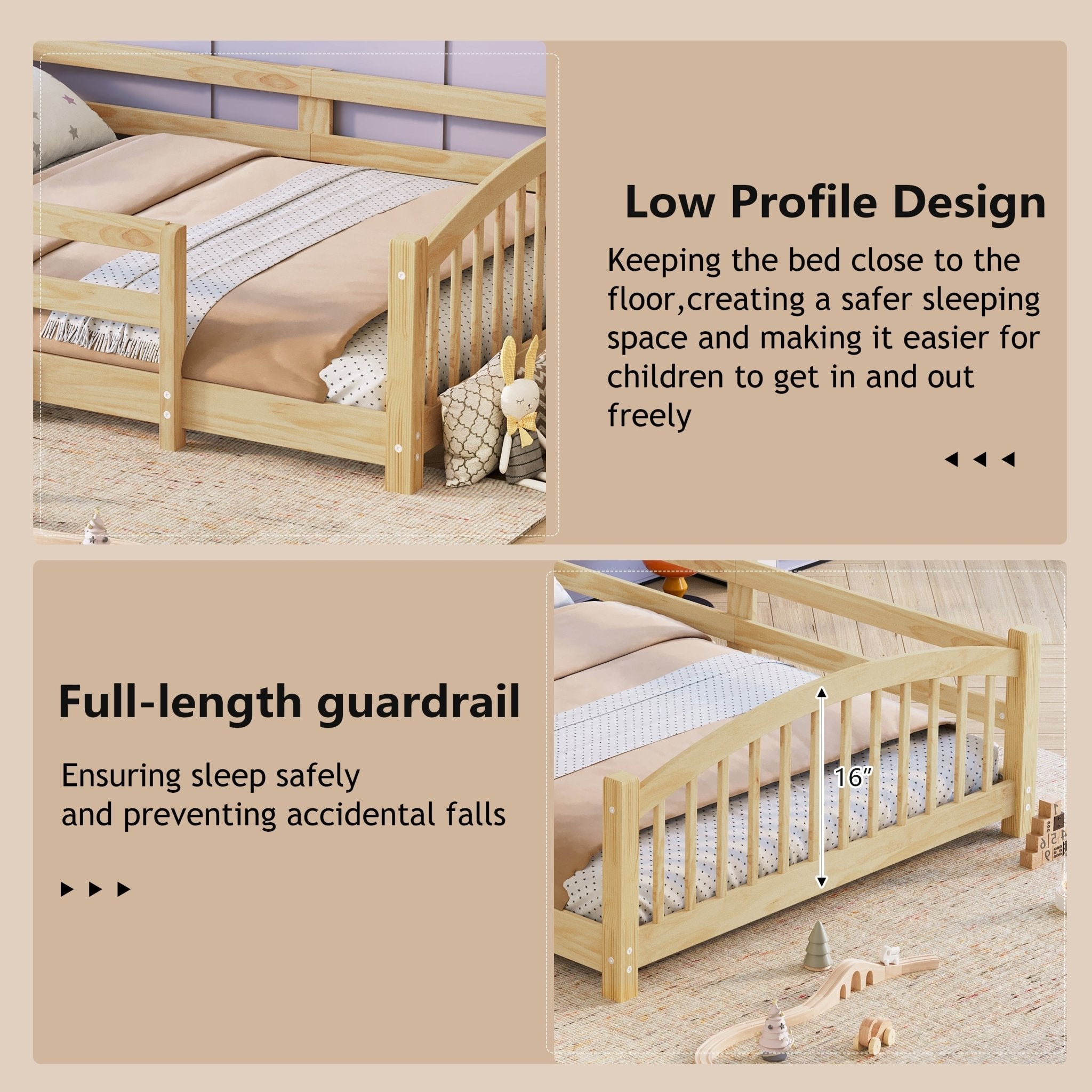 Bellemave® Twin Size Montessori Floor Bed with Slats, Rails,Fence & Headboard, White - Bellemave