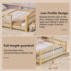 Bellemave® Twin Size Montessori Floor Bed with Slats, Rails,Fence & Headboard, White - Bellemave
