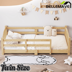 Bellemave® Twin Size Montessori Floor Bed with Slats, Rails,Fence & Headboard, White - Bellemave