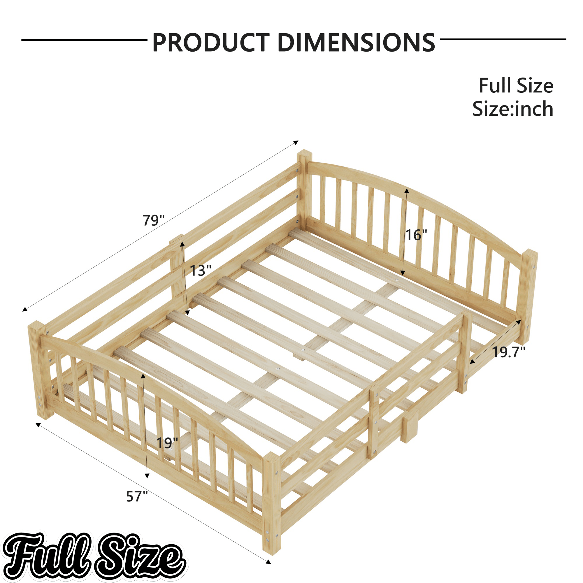 Bellemave® Twin Size Montessori Floor Bed with Slats, Rails,Fence & Headboard, White - Bellemave