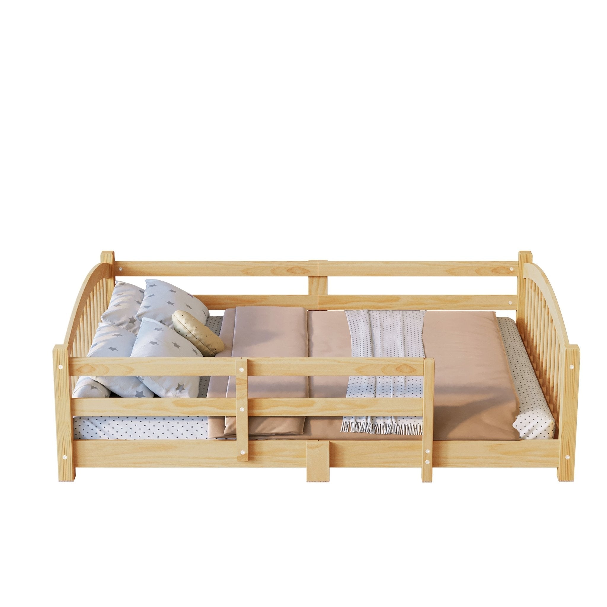Bellemave® Twin Size Montessori Floor Bed with Slats, Rails,Fence & Headboard, White - Bellemave