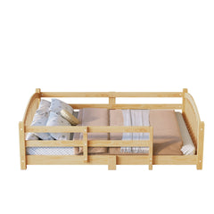 Bellemave® Twin Size Montessori Floor Bed with Slats, Rails,Fence & Headboard, White - Bellemave