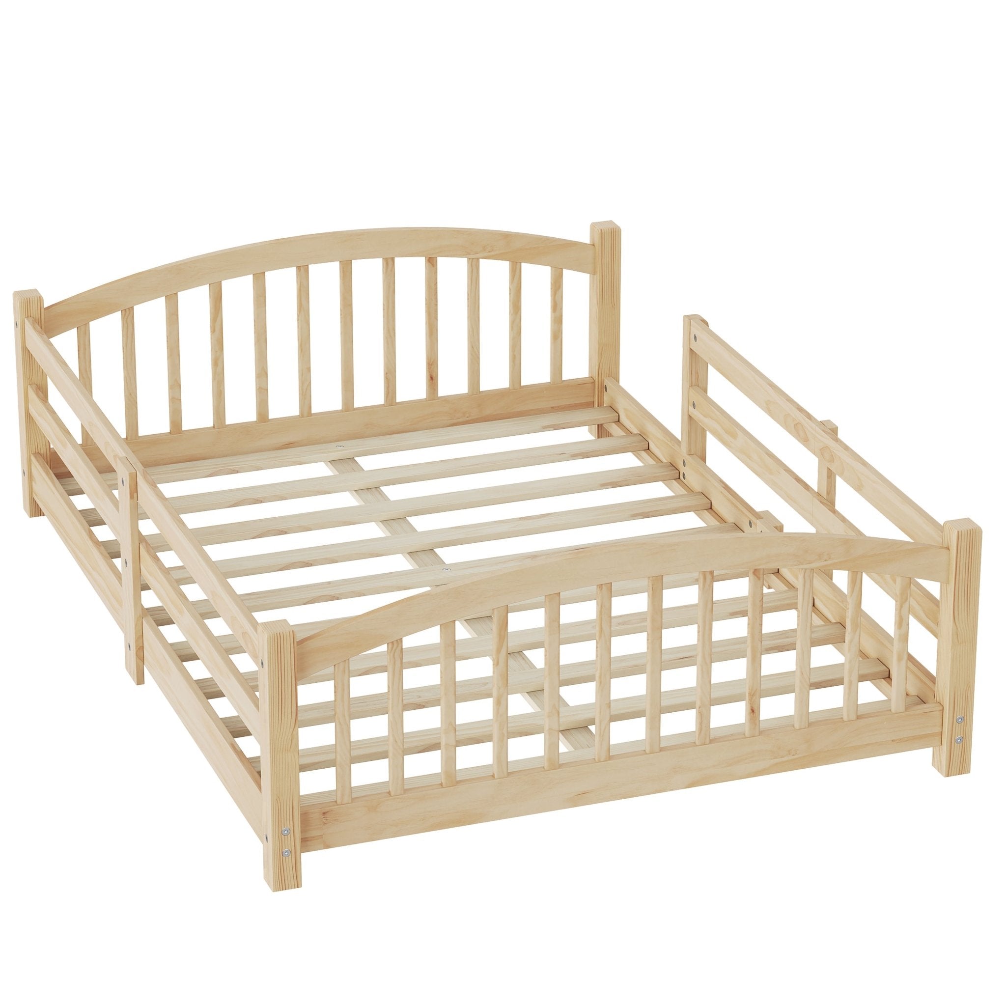 Bellemave® Twin Size Montessori Floor Bed with Slats, Rails,Fence & Headboard, White - Bellemave
