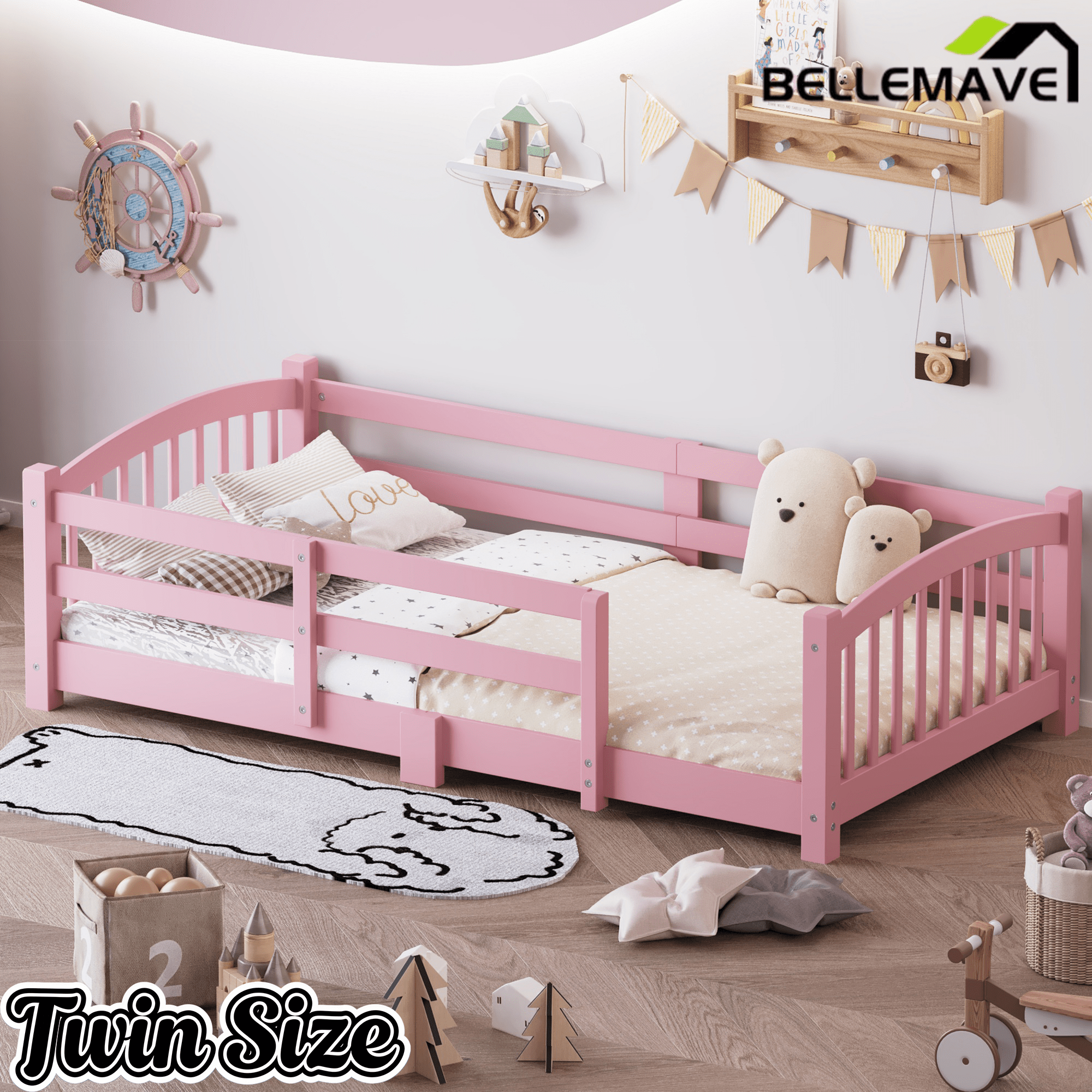 Bellemave® Twin Size Montessori Floor Bed with Slats, Rails,Fence & Headboard, White - Bellemave