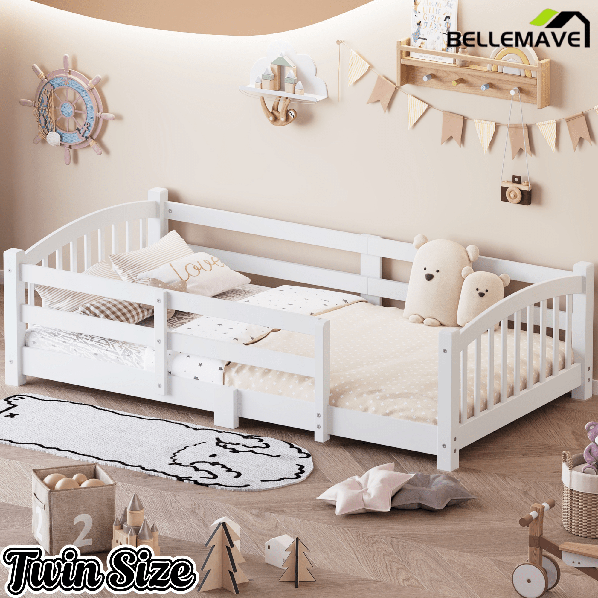 Bellemave® Twin Size Montessori Floor Bed with Slats, Rails,Fence & Headboard, White - Bellemave