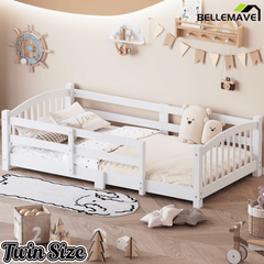 Bellemave® Twin Size Montessori Floor Bed with Slats, Rails,Fence & Headboard, White - Bellemave
