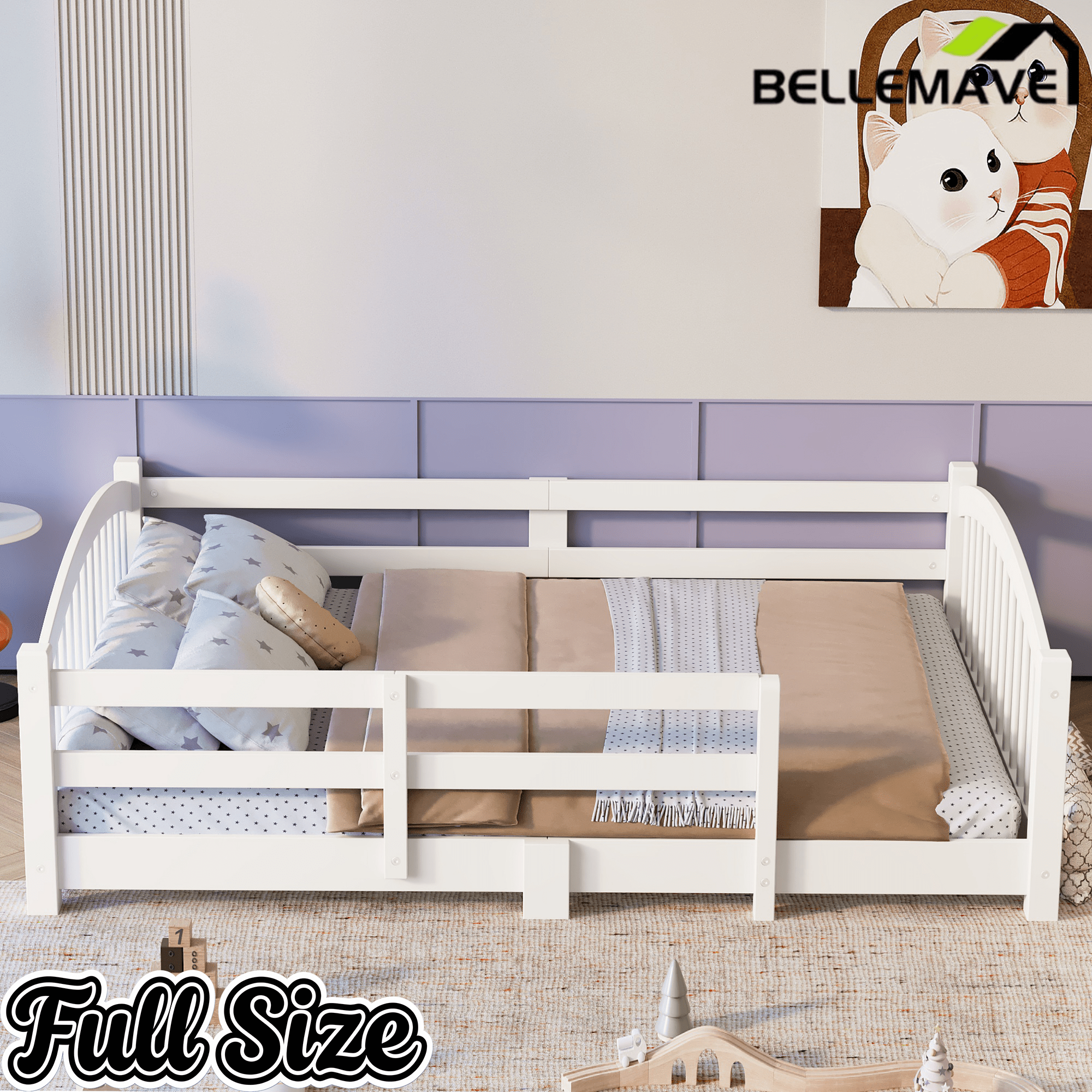 Bellemave® Twin Size Montessori Floor Bed with Slats, Rails,Fence & Headboard, White - Bellemave
