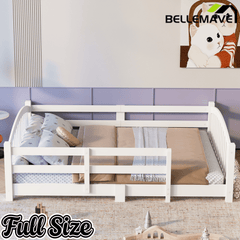 Bellemave® Twin Size Montessori Floor Bed with Slats, Rails,Fence & Headboard, White - Bellemave