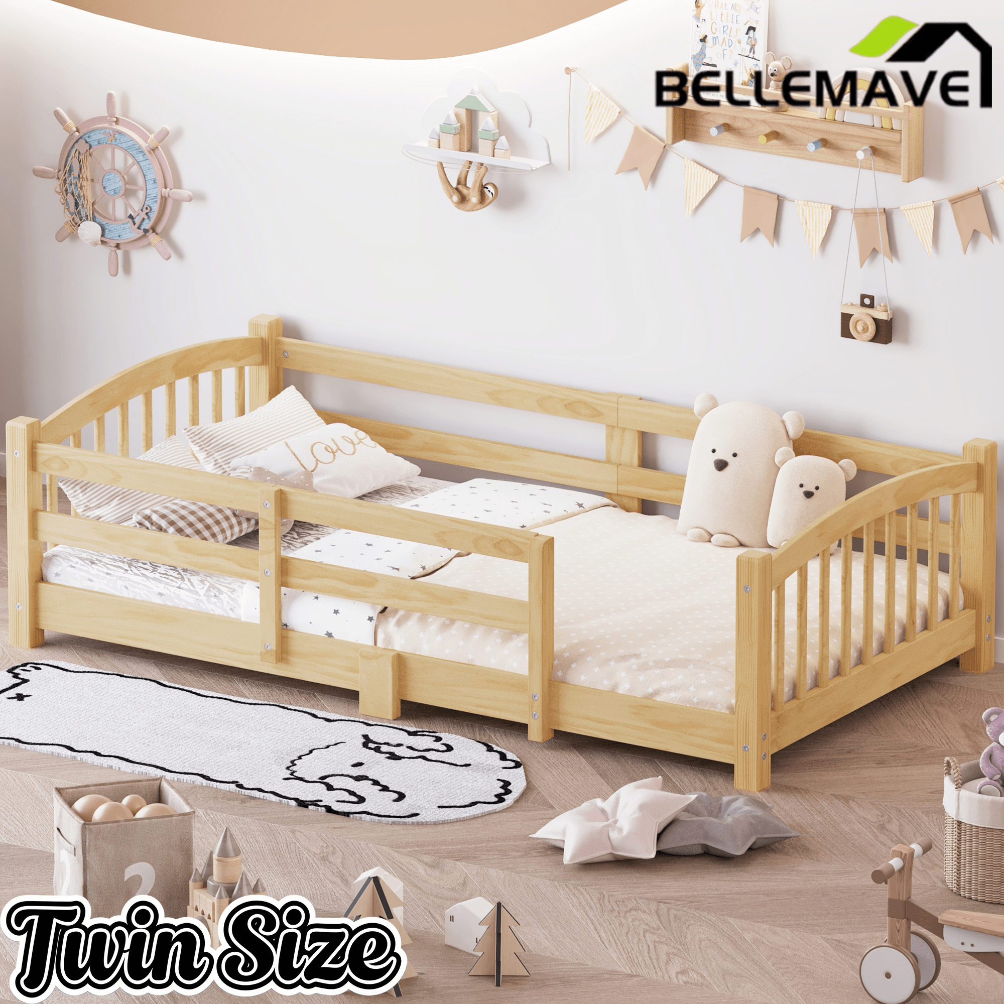 Bellemave® Twin Size Montessori Floor Bed with Slats, Rails,Fence & Headboard, White - Bellemave