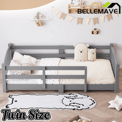 Bellemave® Twin Size Montessori Floor Bed with Slats, Rails,Fence & Headboard, White - Bellemave