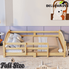 Bellemave® Twin Size Montessori Floor Bed with Slats, Rails,Fence & Headboard, White - Bellemave