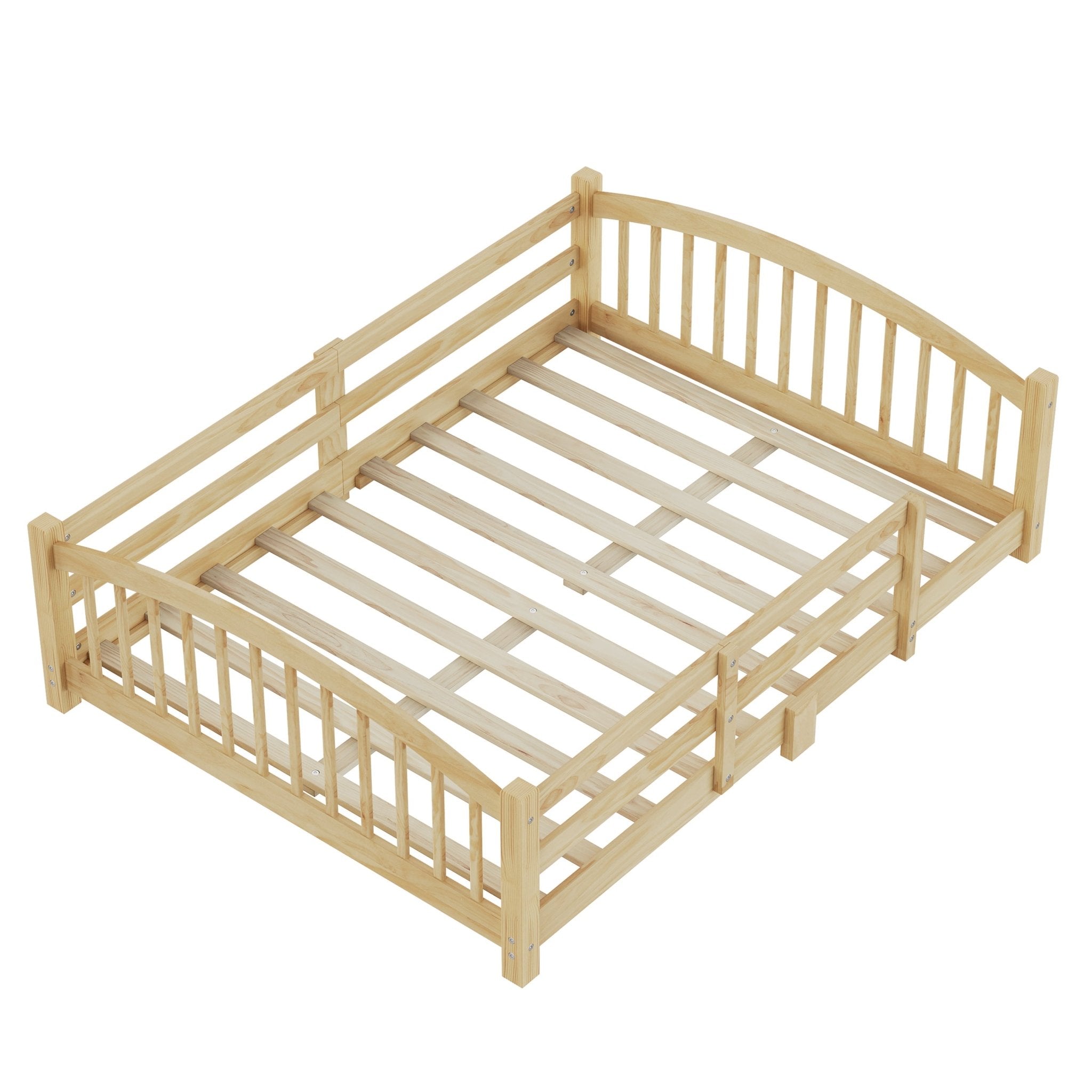 Bellemave® Twin Size Montessori Floor Bed with Slats, Rails,Fence & Headboard, White - Bellemave