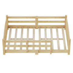 Bellemave® Twin Size Montessori Floor Bed with Slats, Rails,Fence & Headboard, White - Bellemave