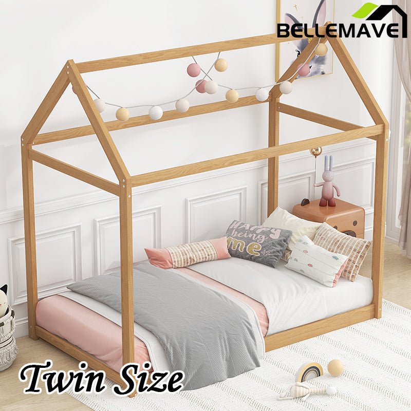 Bellemave® Twin Size Montessori Wooden House Floor Bed - Bellemave