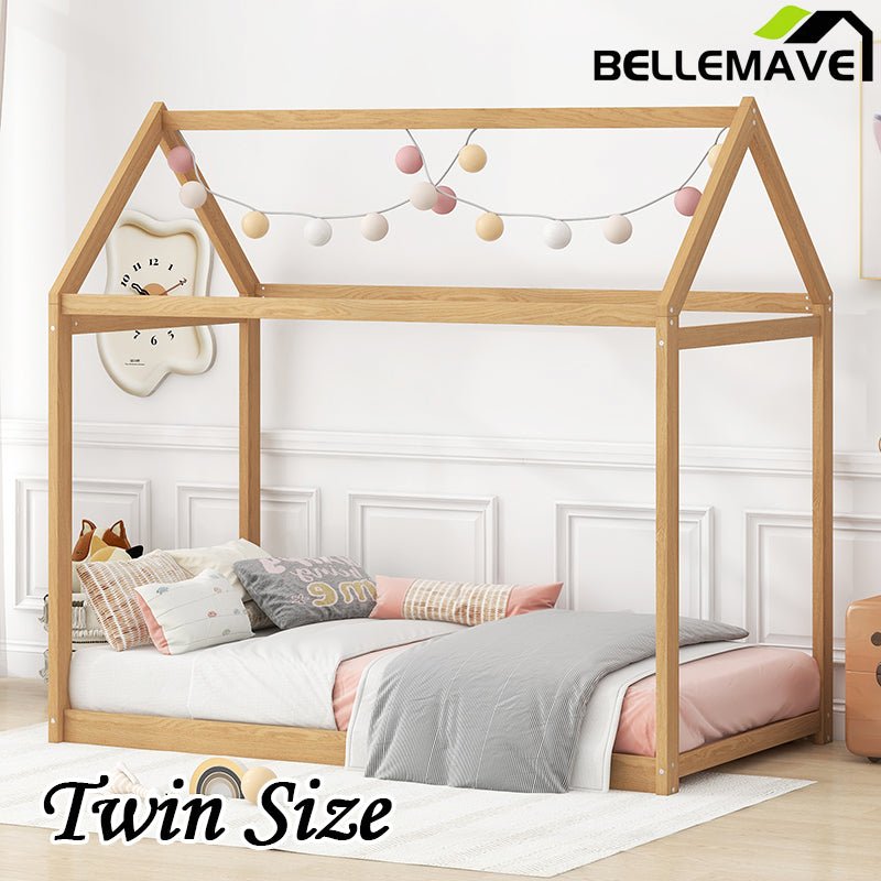 Bellemave® Twin Size Montessori Wooden House Floor Bed - Bellemave