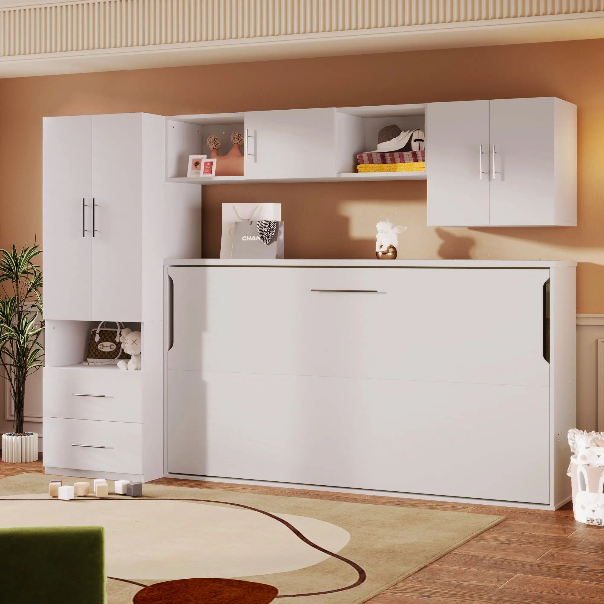 Bellemave® Twin Size Murphy Bed with Open Shelves and Storage Drawers,Built - in Wardrobe and Table - Bellemave