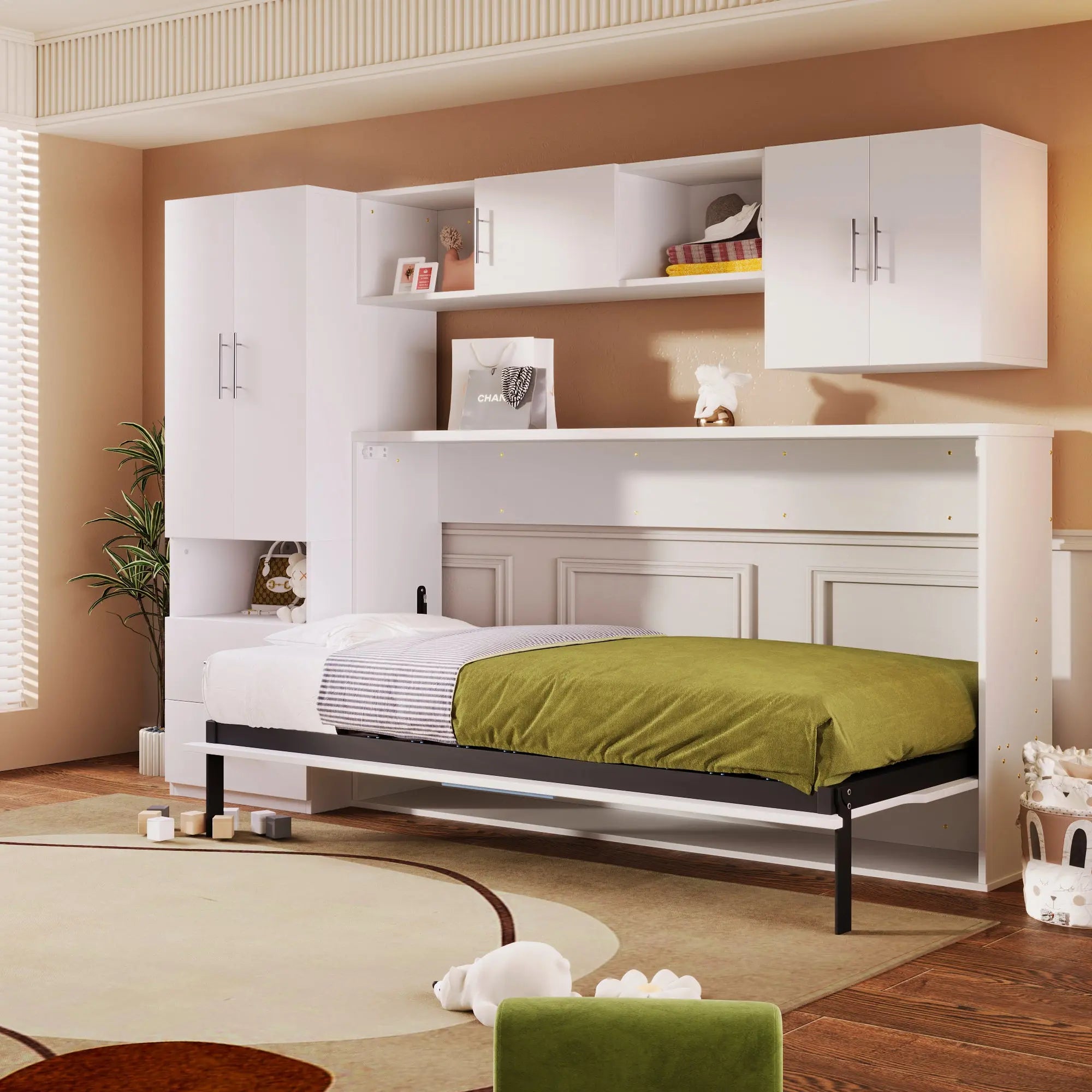 Bellemave® Twin Size Murphy Bed with Open Shelves and Storage Drawers,Built - in Wardrobe and Table - Bellemave