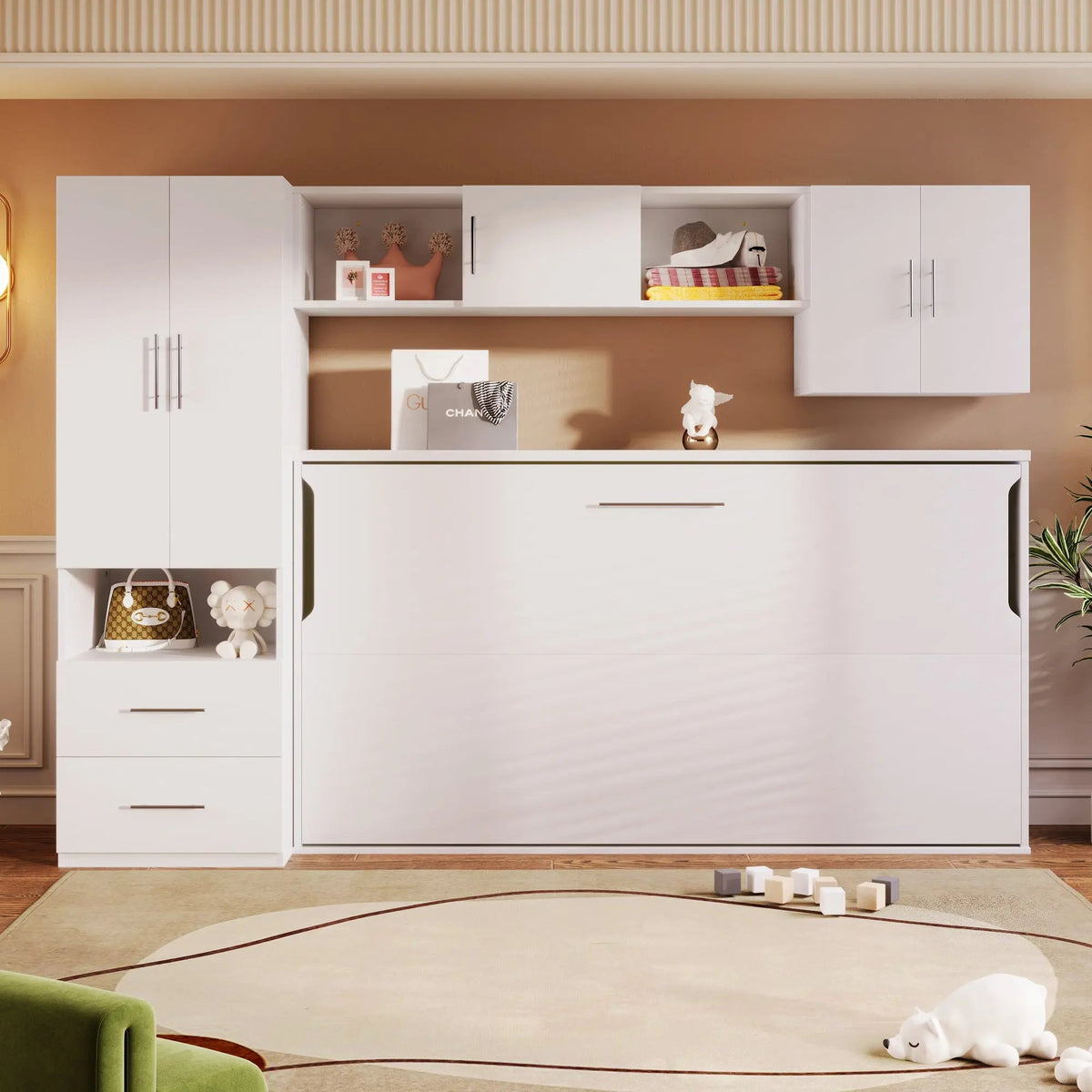 Bellemave® Twin Size Murphy Bed with Open Shelves and Storage Drawers,Built - in Wardrobe and Table - Bellemave