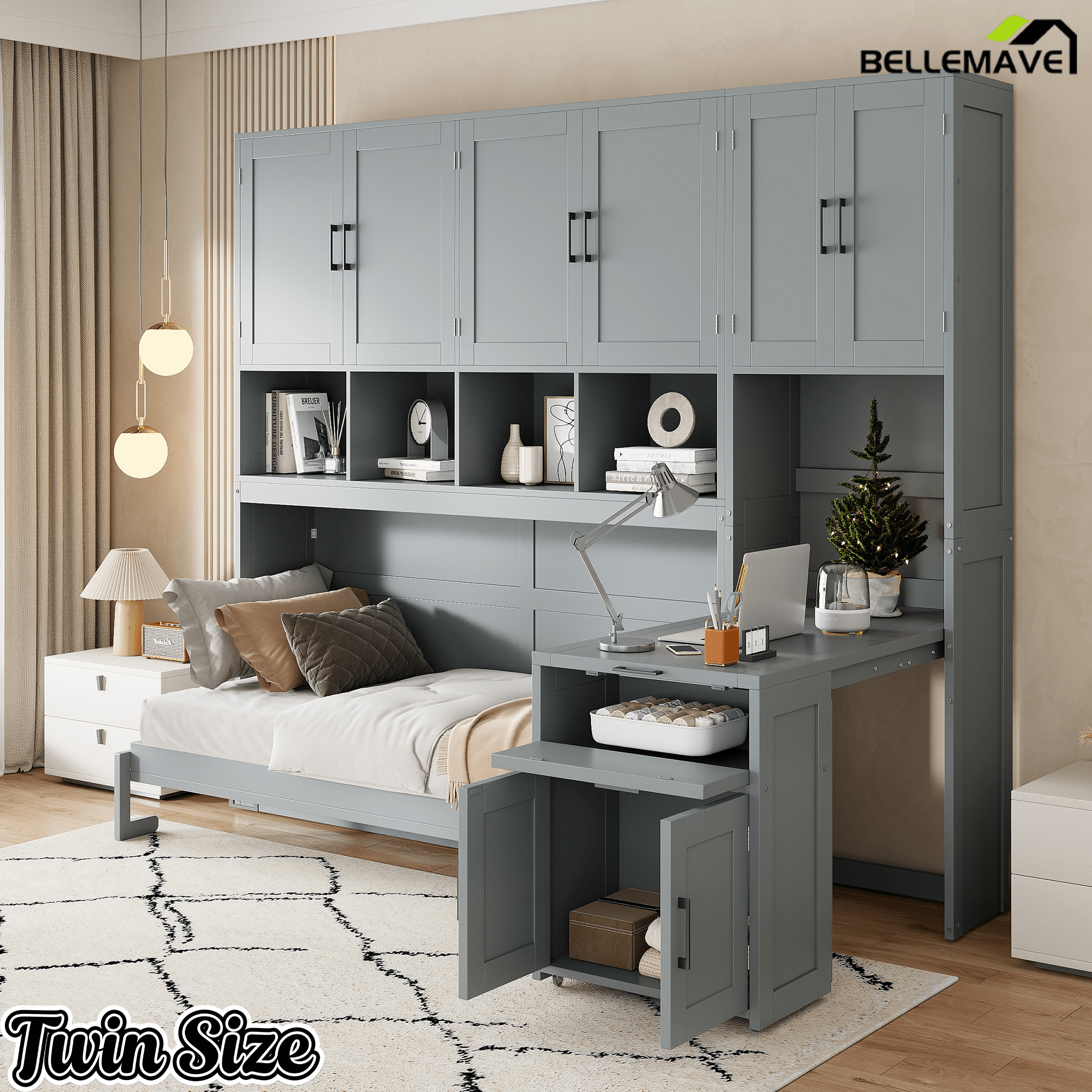 Bellemave® Twin Size Murphy Bed, Wooden Twin Wall Bed Frame with Closet, Drawers & Desk - Bellemave