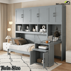 Bellemave® Twin Size Murphy Bed, Wooden Twin Wall Bed Frame with Closet, Drawers & Desk - Bellemave