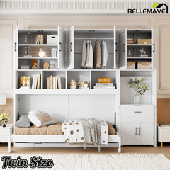 Bellemave® Twin Size Murphy Bed, Wooden Twin Wall Bed Frame with Closet, Drawers & Desk - Bellemave