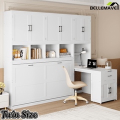 Bellemave® Twin Size Murphy Bed, Wooden Twin Wall Bed Frame with Closet, Drawers & Desk - Bellemave