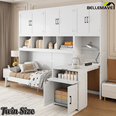 Bellemave® Twin Size Murphy Bed, Wooden Twin Wall Bed Frame with Closet, Drawers & Desk - Bellemave