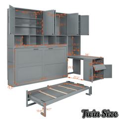 Bellemave® Twin Size Murphy Bed, Wooden Twin Wall Bed Frame with Closet, Drawers & Desk - Bellemave