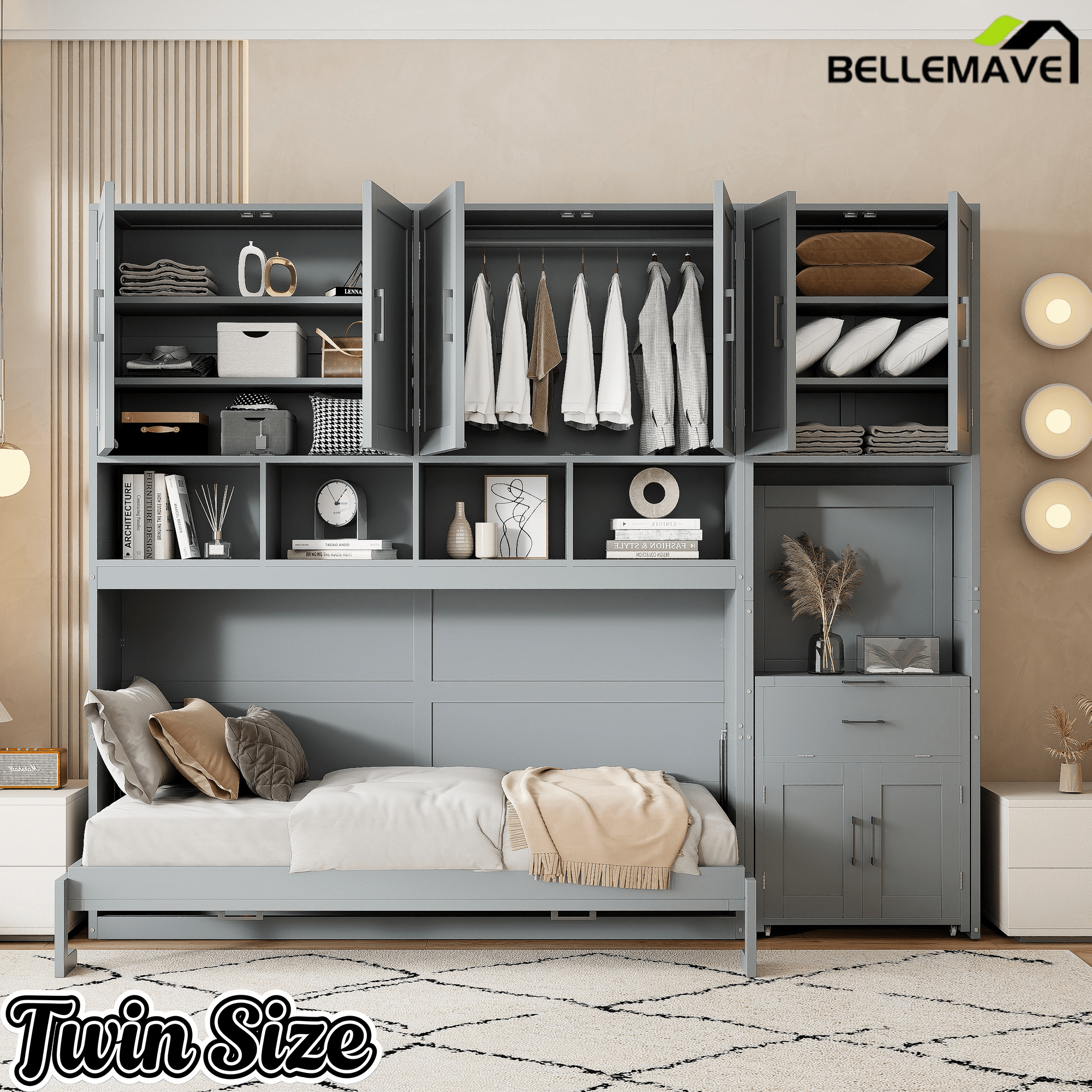 Bellemave® Twin Size Murphy Bed, Wooden Twin Wall Bed Frame with Closet, Drawers & Desk - Bellemave