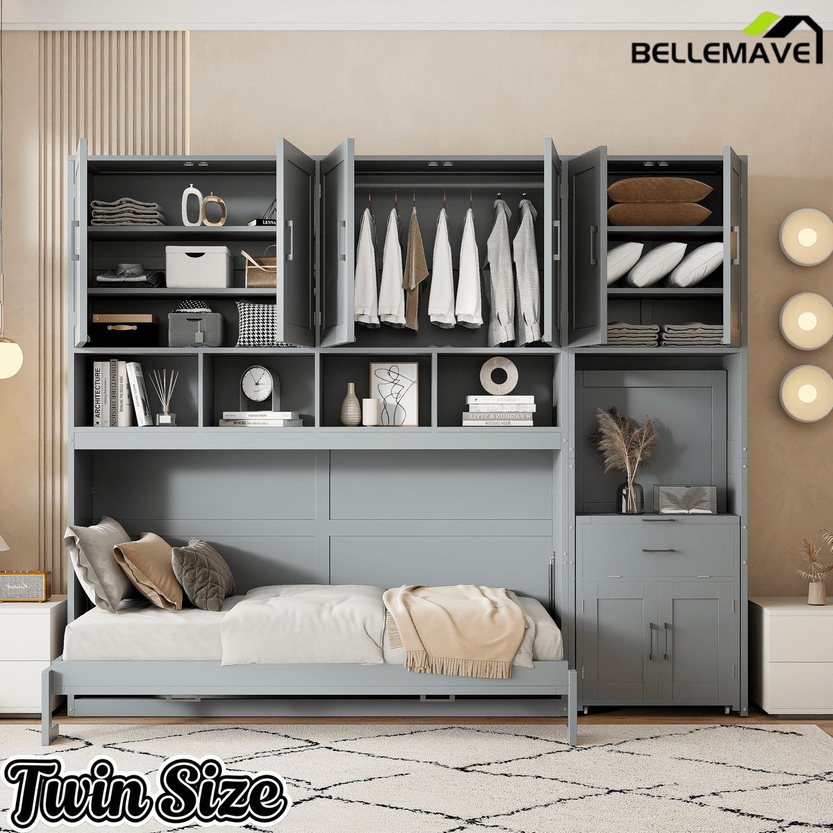 Bellemave® Twin Size Murphy Bed, Wooden Twin Wall Bed Frame with Closet, Drawers & Desk - Bellemave