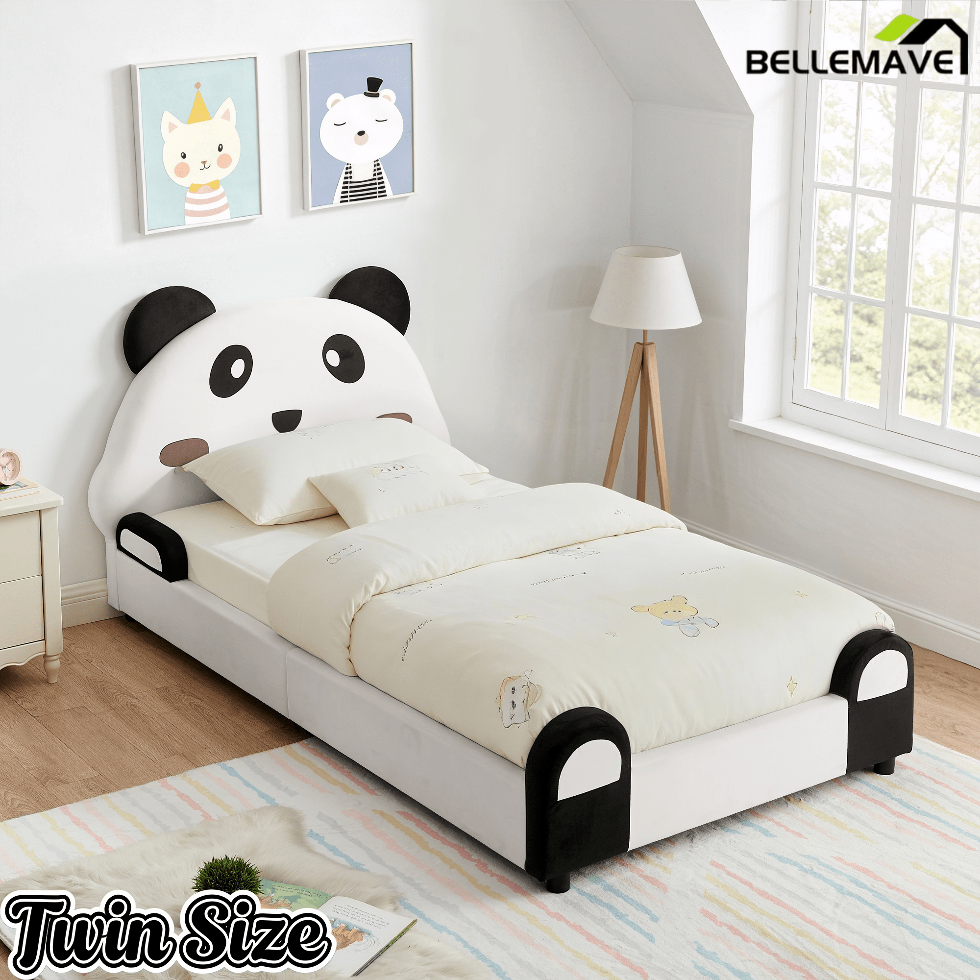 Bellemave® Twin Size Panda Headboard Platform Bed Frame, Velvet Upholstered, for Boys and Girls, White - Bellemave