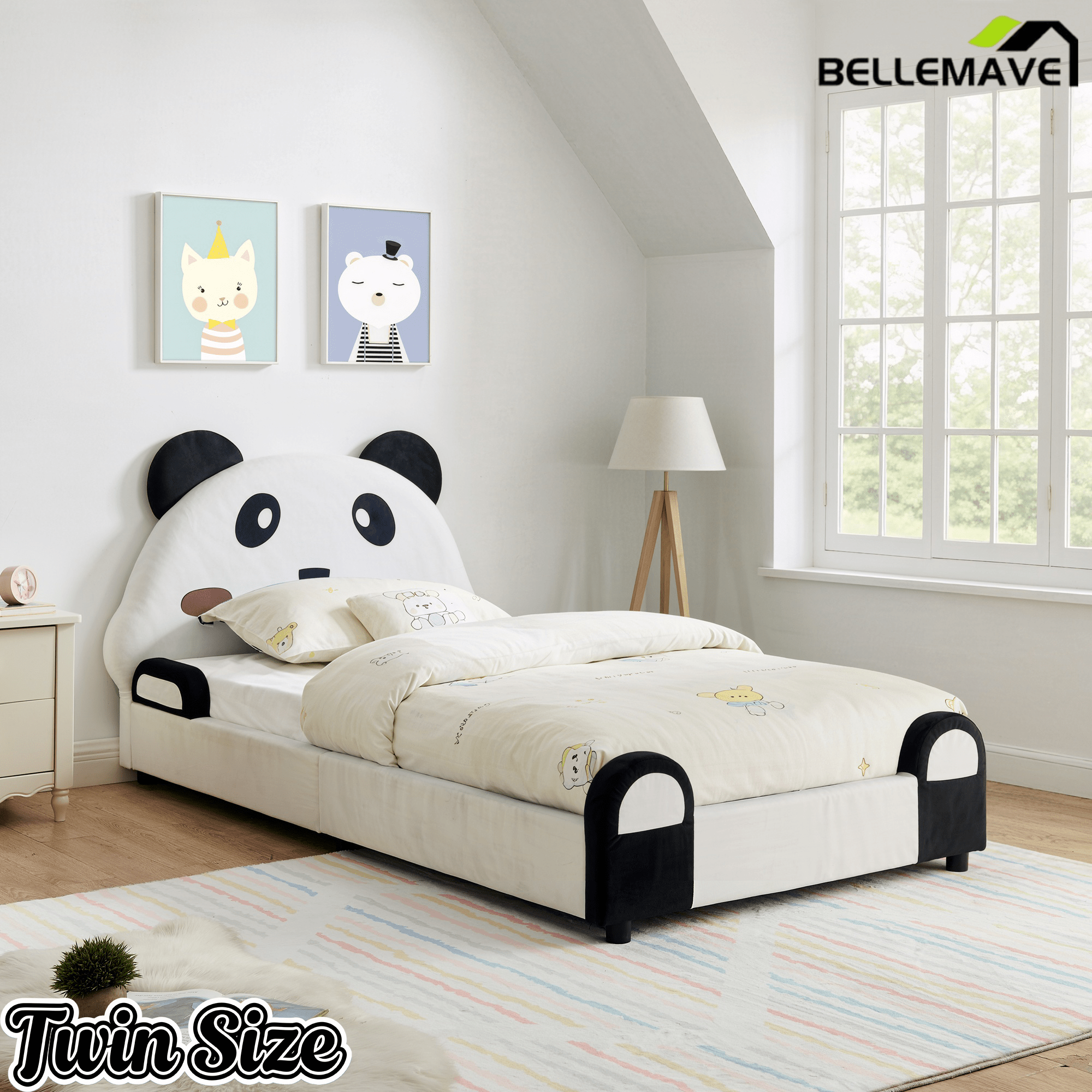 Bellemave® Twin Size Panda Headboard Platform Bed Frame, Velvet Upholstered, for Boys and Girls, White - Bellemave