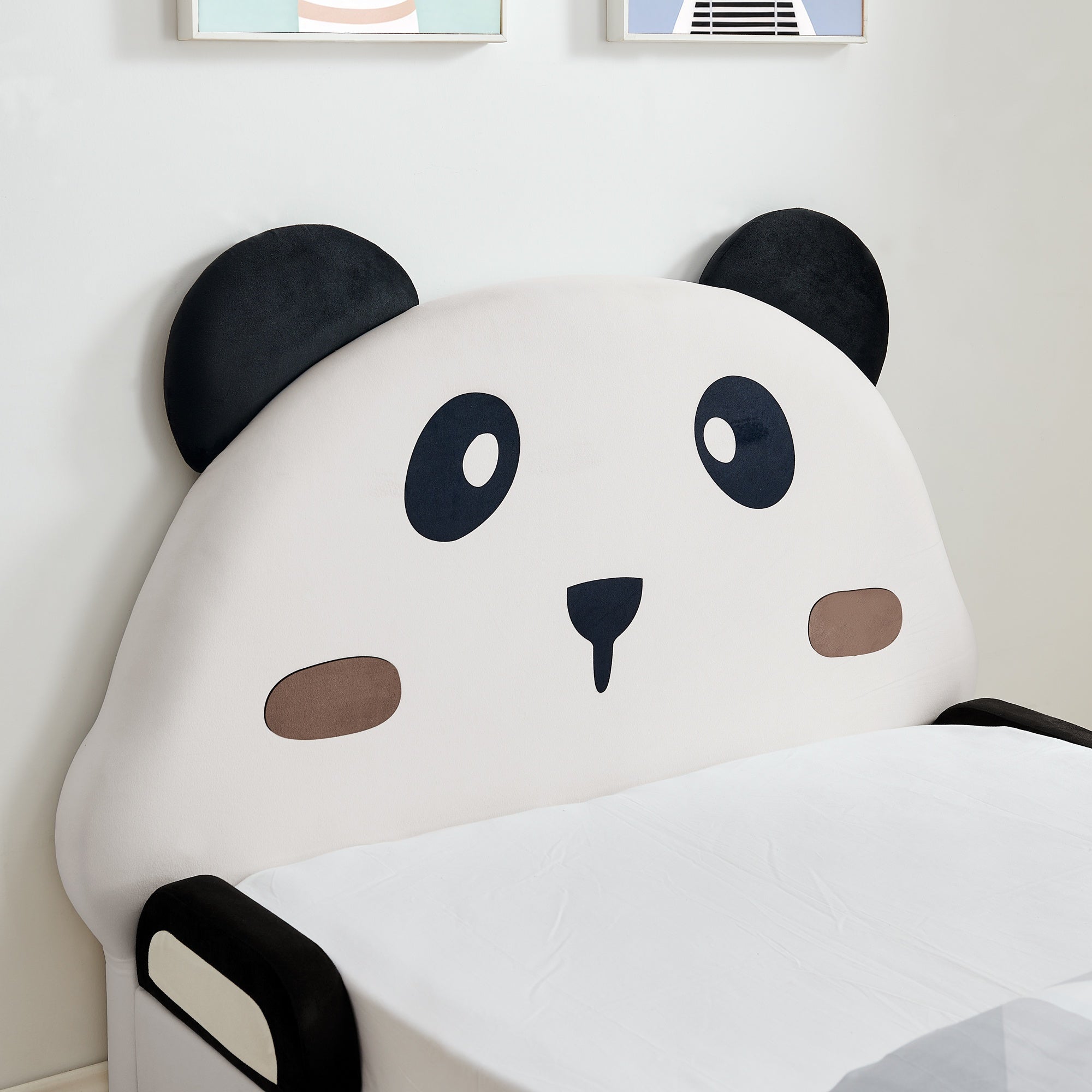 Bellemave® Twin Size Panda Headboard Platform Bed Frame, Velvet Upholstered, for Boys and Girls, White - Bellemave