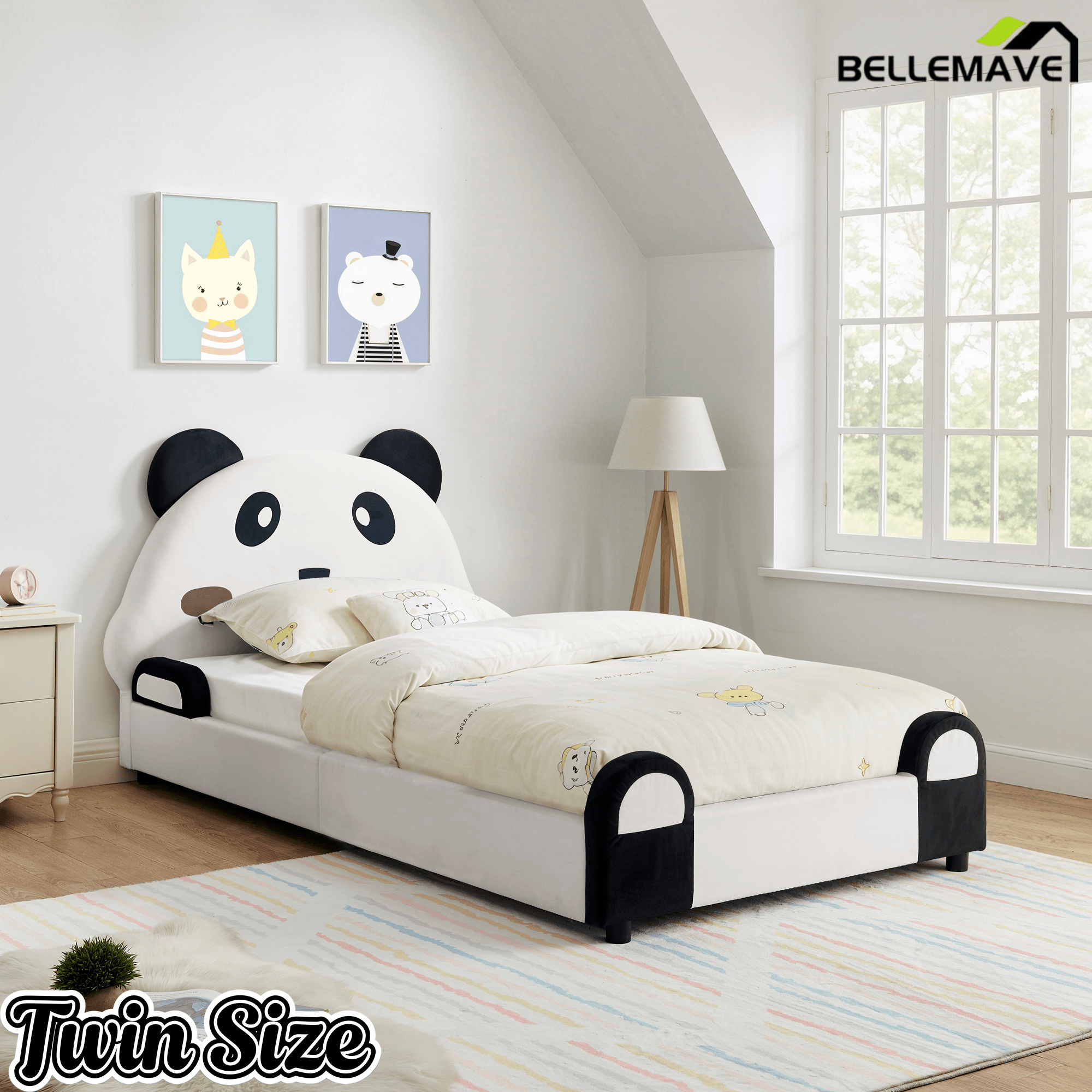 Bellemave® Twin Size Panda Headboard Platform Bed Frame, Velvet Upholstered, for Boys and Girls, White - Bellemave