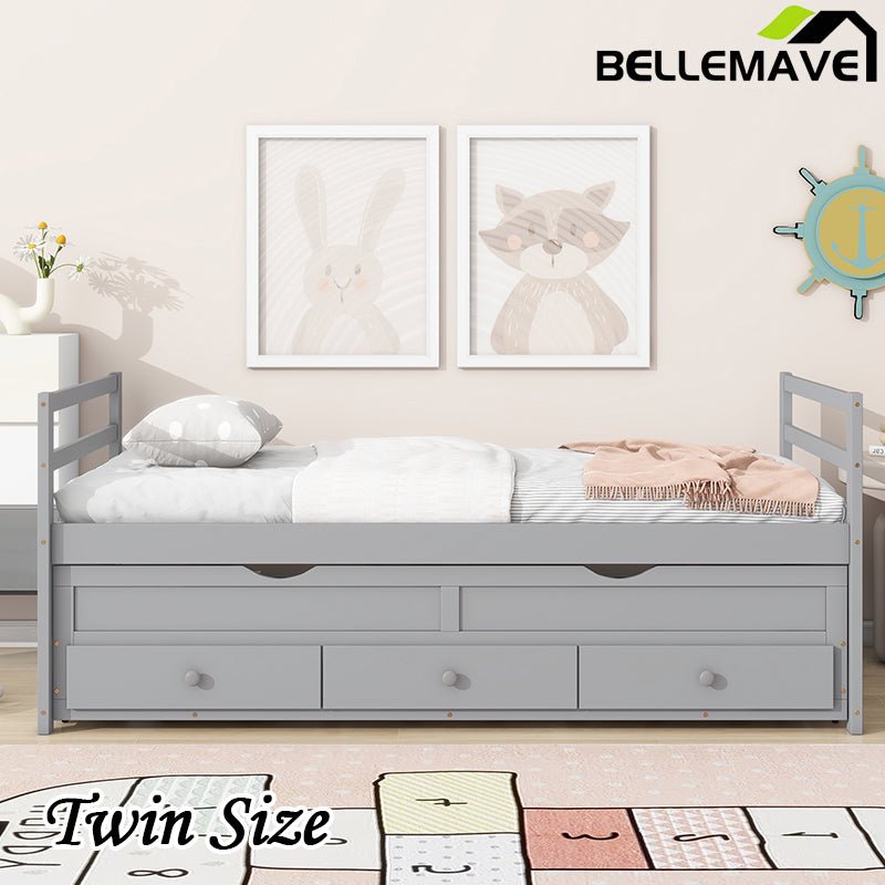 Bellemave® Twin Size Pine Wood Daybed with Trundle and Three Storage Drawers - Bellemave