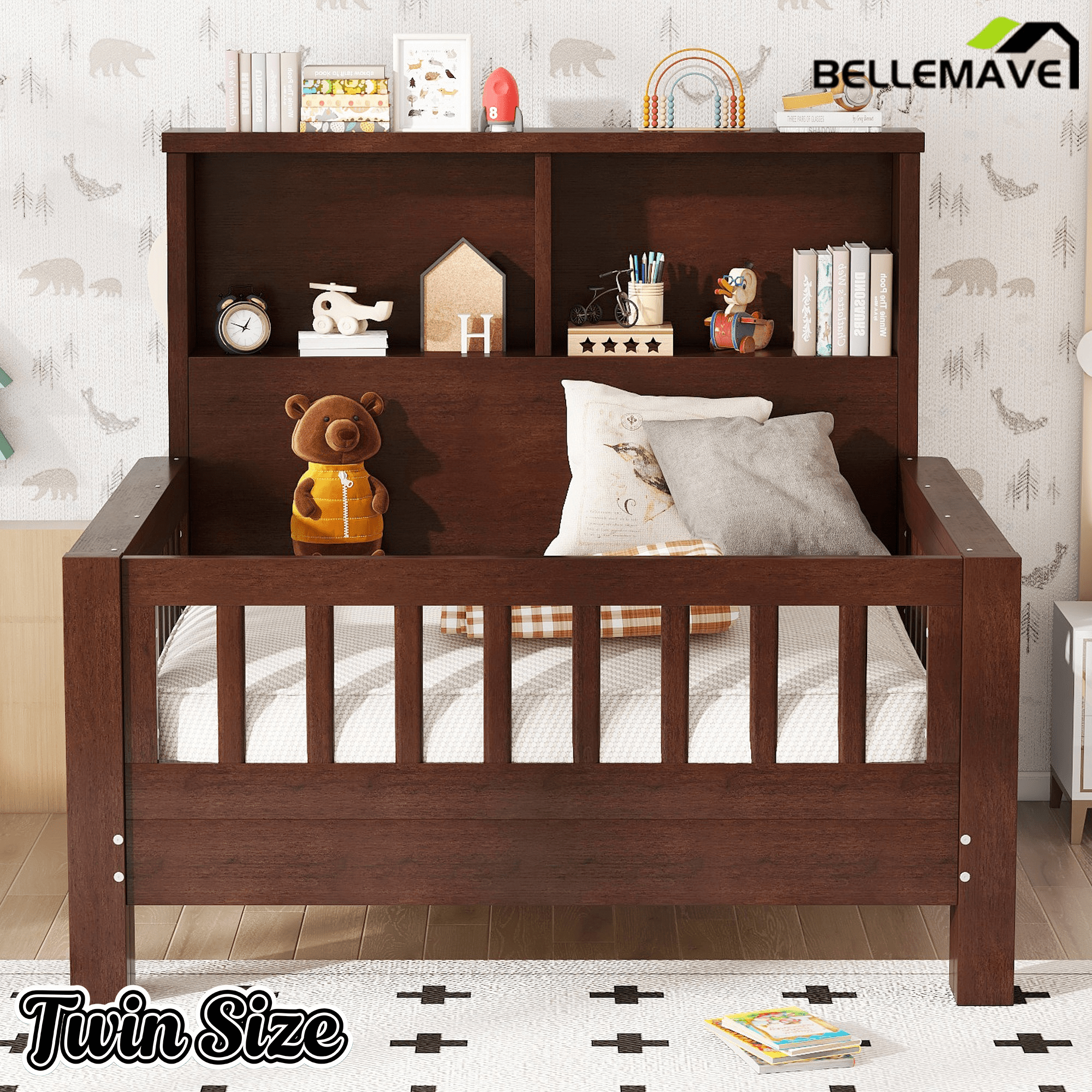 Bellemave® Twin Size Platform Bed Frame with Storage Headboard and Removable Footboard, Pull - Out Design, Twin Size Wood Bed Frame with Rails on Both Sides - Bellemave