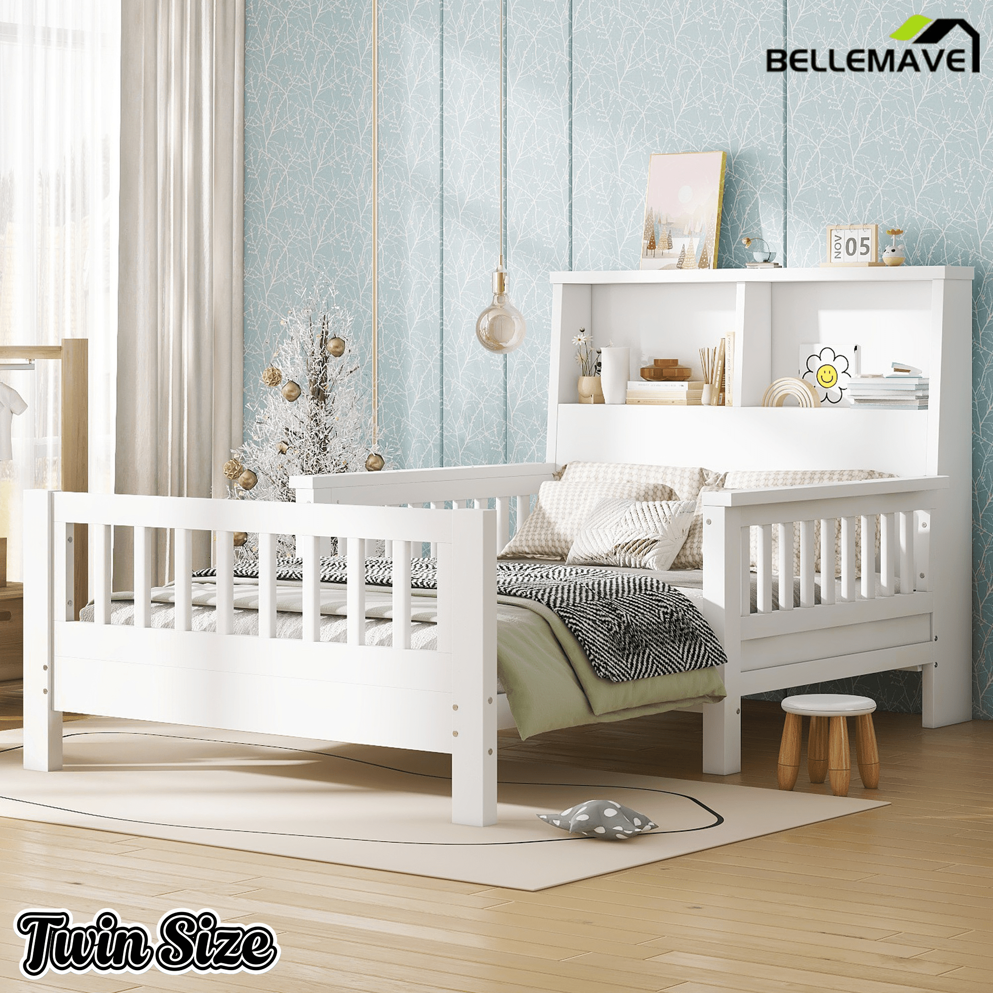 Bellemave® Twin Size Platform Bed Frame with Storage Headboard and Removable Footboard, Pull - Out Design, Twin Size Wood Bed Frame with Rails on Both Sides - Bellemave