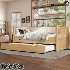 Bellemave® Twin Size Platform Bed Frame with Trundle Bed Frame for Bedroom, Twin Size Corner Bed with 3 Storage Drawers, Headboard and Footboard, No Spring Box Needed, White - Bellemave