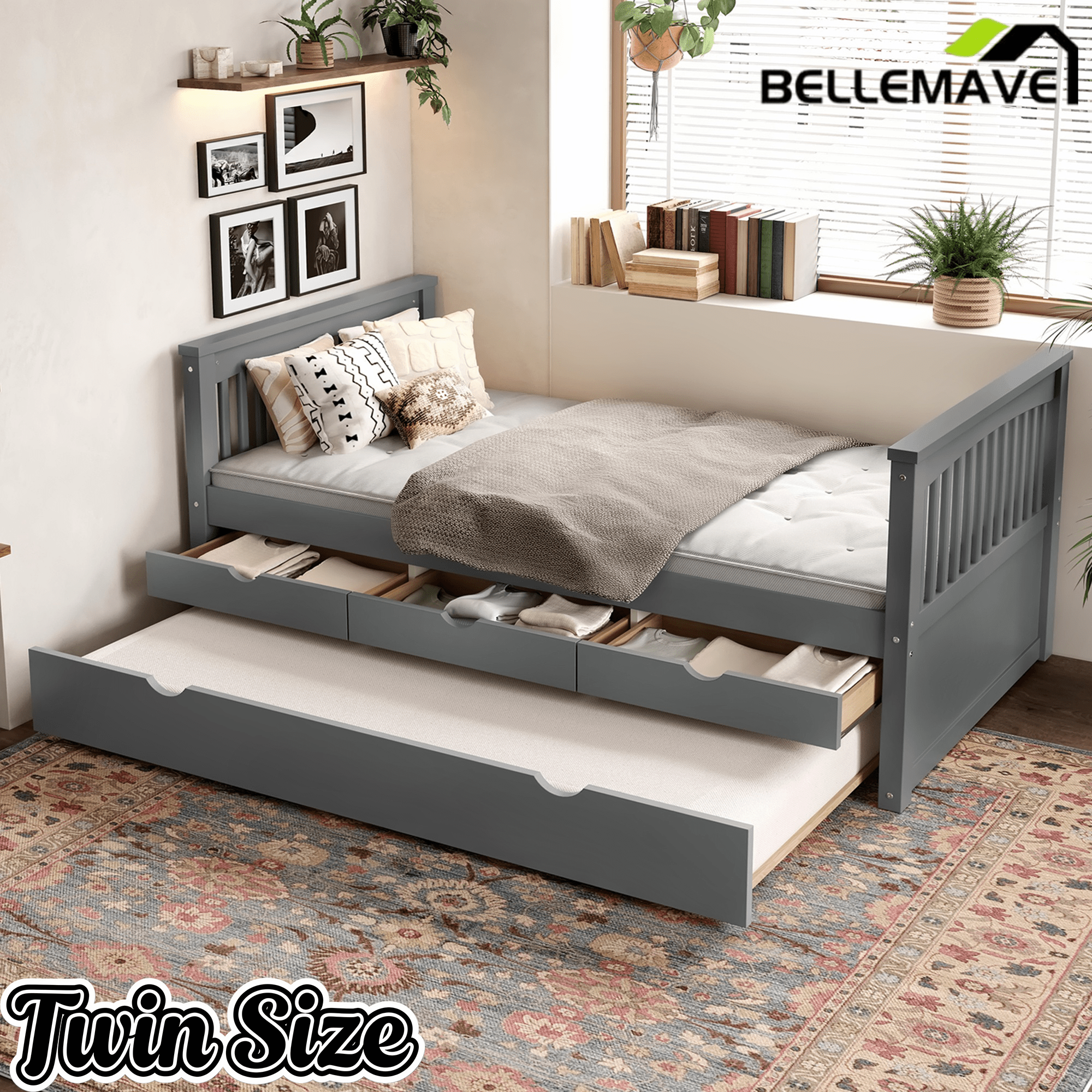 Bellemave® Twin Size Platform Bed Frame with Trundle Bed Frame for Bedroom, Twin Size Corner Bed with 3 Storage Drawers, Headboard and Footboard, No Spring Box Needed, White - Bellemave