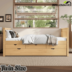 Bellemave® Twin Size Platform Bed Frame with Trundle Bed Frame for Bedroom, Twin Size Corner Bed with 3 Storage Drawers, Headboard and Footboard, No Spring Box Needed, White - Bellemave