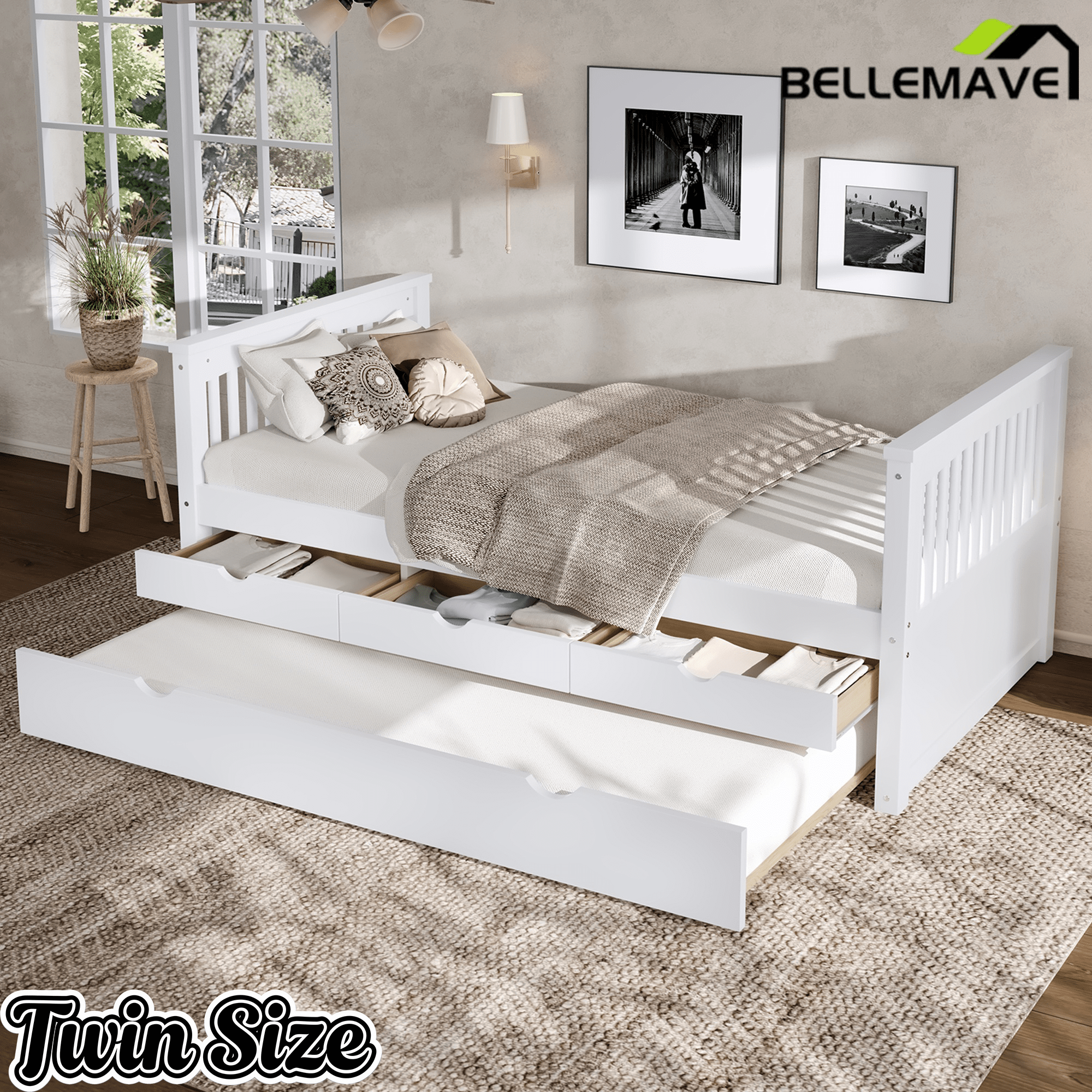 Bellemave® Twin Size Platform Bed Frame with Trundle Bed Frame for Bedroom, Twin Size Corner Bed with 3 Storage Drawers, Headboard and Footboard, No Spring Box Needed, White - Bellemave