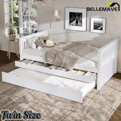 Bellemave® Twin Size Platform Bed Frame with Trundle Bed Frame for Bedroom, Twin Size Corner Bed with 3 Storage Drawers, Headboard and Footboard, No Spring Box Needed, White - Bellemave