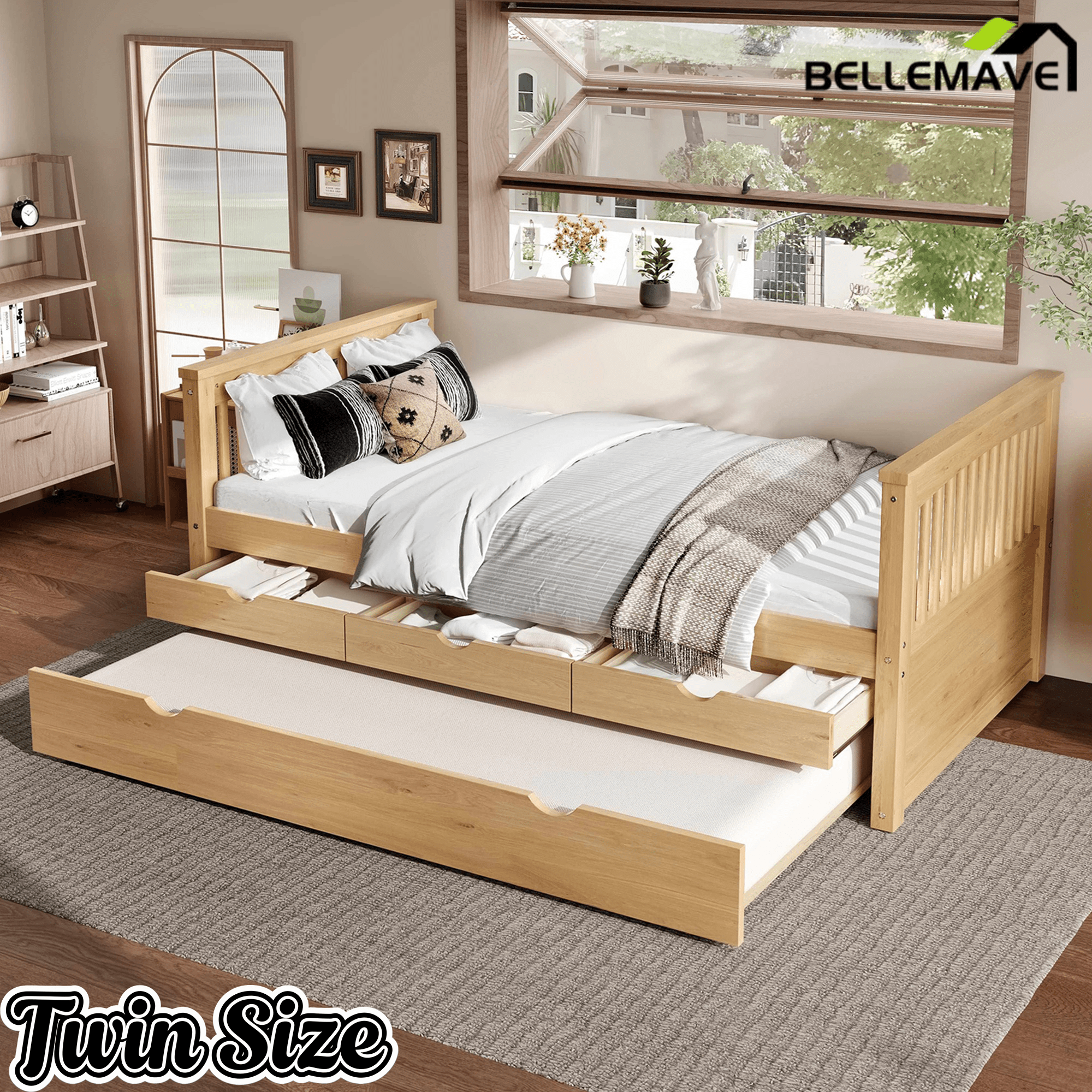Bellemave® Twin Size Platform Bed Frame with Trundle Bed Frame for Bedroom, Twin Size Corner Bed with 3 Storage Drawers, Headboard and Footboard, No Spring Box Needed, White - Bellemave