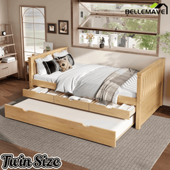 Bellemave® Twin Size Platform Bed Frame with Trundle Bed Frame for Bedroom, Twin Size Corner Bed with 3 Storage Drawers, Headboard and Footboard, No Spring Box Needed, White - Bellemave
